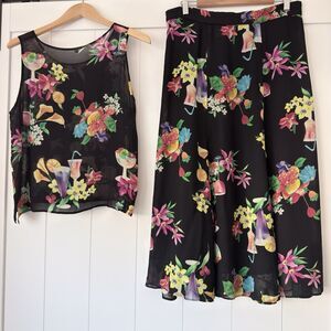 Vtg 80s Florence Italy 2pc Set Cocktail Novelty Print Como Viscose Panel Slits L